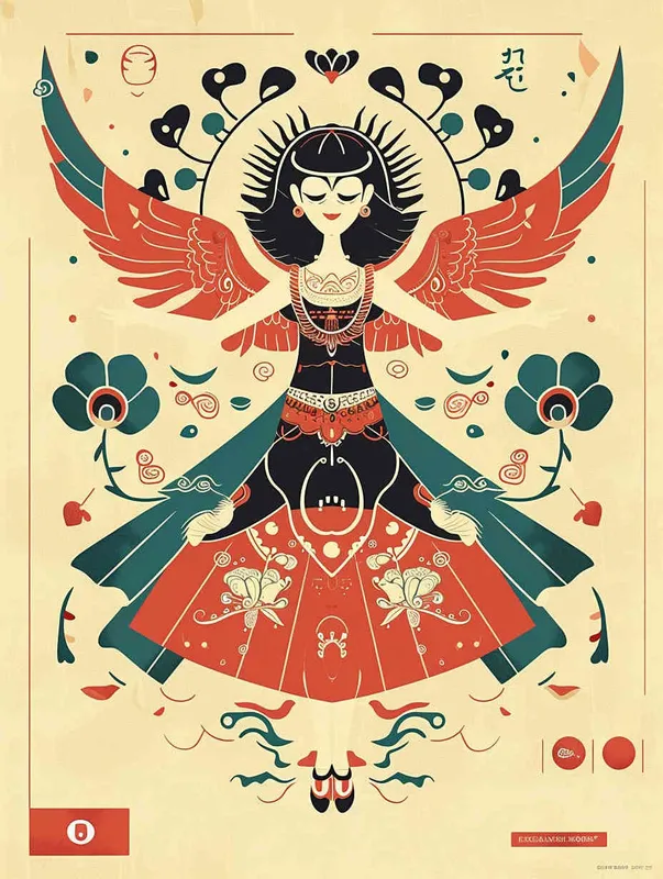 A flat design Chinese traditional Dunhuang cultural themestyle with the an illustration of a Dunhuang Flying Goddessinwearing a long skirt, with Dunhuang Murals color palette color scheme, graphic poster design in the style of Kainan Hoshino, bold lines, a clean background, colorful patterns, detailed character illustrations, colorful woodcut prints, flat colors, simple details, vector graphics, vector art. --ar 3:4  - style2部分