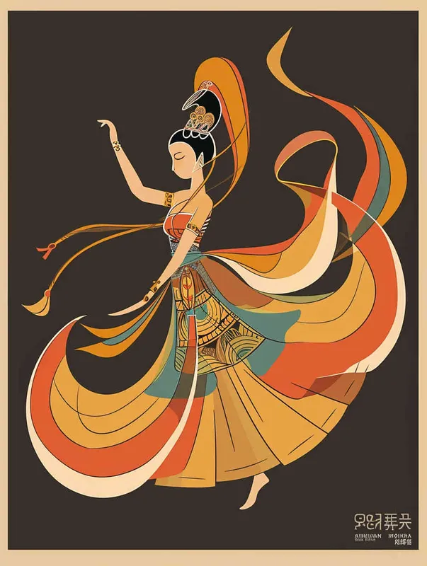 A flat design Chinese traditional Dunhuang cultural themestyle with the an illustration of a Dunhuang Flying Goddessinwearing a long skirt, with Dunhuang Murals color palette color scheme, graphic poster design in the style of Kainan Hoshino, bold lines, a clean background, colorful patterns, detailed character illustrations, colorful woodcut prints, flat colors, simple details, vector graphics, vector art. --ar 3:4  - style3部分
