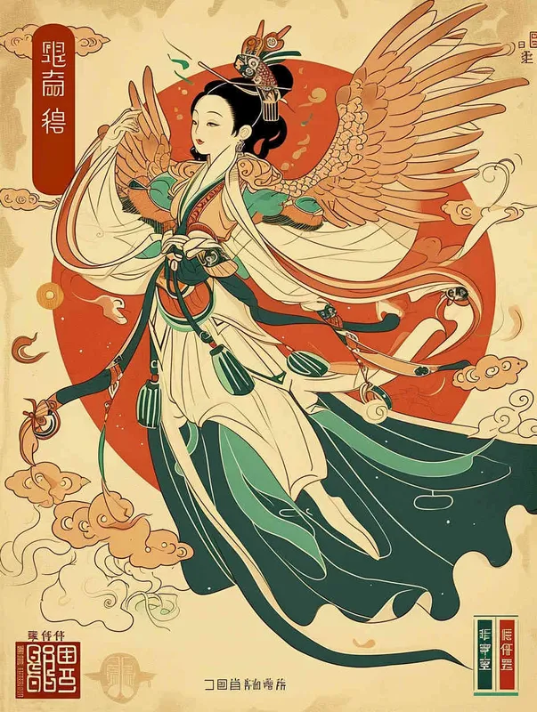 A flat design Chinese traditional Dunhuang cultural themestyle with the an illustration of a Dunhuang Flying Goddessinwearing a long skirt, with Dunhuang Murals color palette color scheme, graphic poster design in the style of Kainan Hoshino, bold lines, a clean background, colorful patterns, detailed character illustrations, colorful woodcut prints, flat colors, simple details, vector graphics, vector art. --ar 3:4  - style4部分