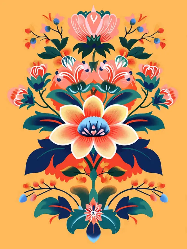 flowers and ornaments in the style of Dunhuang cultural theme, vector illustration with bold lines and flat colors, bold shapes, and simplified details, symmetrical composition, orange background. surrounded in the style of flowers and leaves, vector graphics, orange background color, colorful cartoon design, graphic logo design, symmetrical composition, retro poster, geometric shapes, simple details, simple, minimalist, graphic illustrations, bold patterns, . --ar 41:50 - style1部分