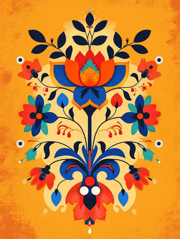 flowers and ornaments in the style of Dunhuang cultural theme, vector illustration with bold lines and flat colors, bold shapes, and simplified details, symmetrical composition, orange background. surrounded in the style of flowers and leaves, vector graphics, orange background color, colorful cartoon design, graphic logo design, symmetrical composition, retro poster, geometric shapes, simple details, simple, minimalist, graphic illustrations, bold patterns, . --ar 41:50 - style2部分