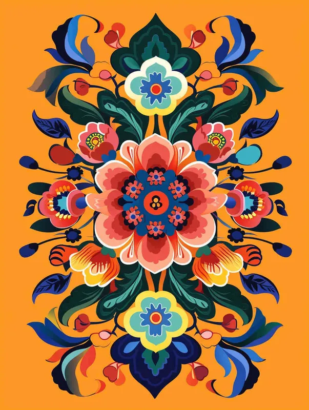 flowers and ornaments in the style of Dunhuang cultural theme, vector illustration with bold lines and flat colors, bold shapes, and simplified details, symmetrical composition, orange background. surrounded in the style of flowers and leaves, vector graphics, orange background color, colorful cartoon design, graphic logo design, symmetrical composition, retro poster, geometric shapes, simple details, simple, minimalist, graphic illustrations, bold patterns, . --ar 41:50 - style3部分