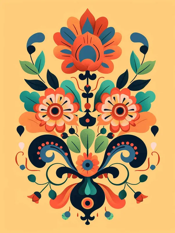 flowers and ornaments in the style of Dunhuang cultural theme, vector illustration with bold lines and flat colors, bold shapes, and simplified details, symmetrical composition, orange background. surrounded in the style of flowers and leaves, vector graphics, orange background color, colorful cartoon design, graphic logo design, symmetrical composition, retro poster, geometric shapes, simple details, simple, minimalist, graphic illustrations, bold patterns, . --ar 41:50 - style4部分