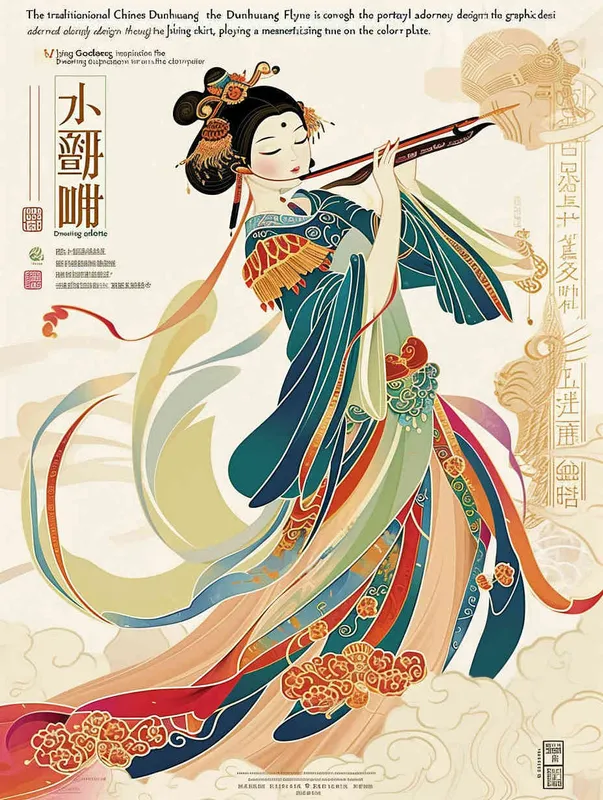 The traditional Chinese Dunhuang cultural theme in graphic design, taking Dunhuang Flying Goddess wearing a long skirt as an example, is playing the flute. The Dunhuang mural color palette color scheme is used, and the flat poster design adopts the Xingye Kainan style. The lines are bold, the background is clean, the patterns are rich, and the character illustrations are detailed. Woodcut prints have rich colors, flat colors, simple details, vector graphics, and vector art-- Ar 3:4 - style1部分