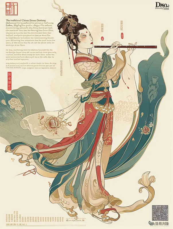 The traditional Chinese Dunhuang cultural theme in graphic design, taking Dunhuang Flying Goddess wearing a long skirt as an example, is playing the flute. The Dunhuang mural color palette color scheme is used, and the flat poster design adopts the Xingye Kainan style. The lines are bold, the background is clean, the patterns are rich, and the character illustrations are detailed. Woodcut prints have rich colors, flat colors, simple details, vector graphics, and vector art-- Ar 3:4 - style2部分