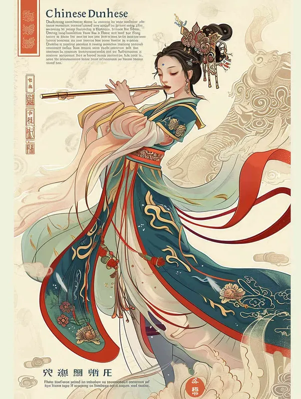 The traditional Chinese Dunhuang cultural theme in graphic design, taking Dunhuang Flying Goddess wearing a long skirt as an example, is playing the flute. The Dunhuang mural color palette color scheme is used, and the flat poster design adopts the Xingye Kainan style. The lines are bold, the background is clean, the patterns are rich, and the character illustrations are detailed. Woodcut prints have rich colors, flat colors, simple details, vector graphics, and vector art-- Ar 3:4 - style3部分