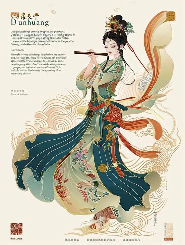 The traditional Chinese Dunhuang cultural theme in graphic design, taking Dunhuang Flying Goddess wearing a long skirt as an example, is playing the flute. The Dunhuang mural color palette color scheme is used, and the flat poster design adopts the Xingye Kainan style. The lines are bold, the background is clean, the patterns are rich, and the character illustrations are detailed. Woodcut prints have rich colors, flat colors, simple details, vector graphics, and vector art-- Ar 3:4 - style4部分