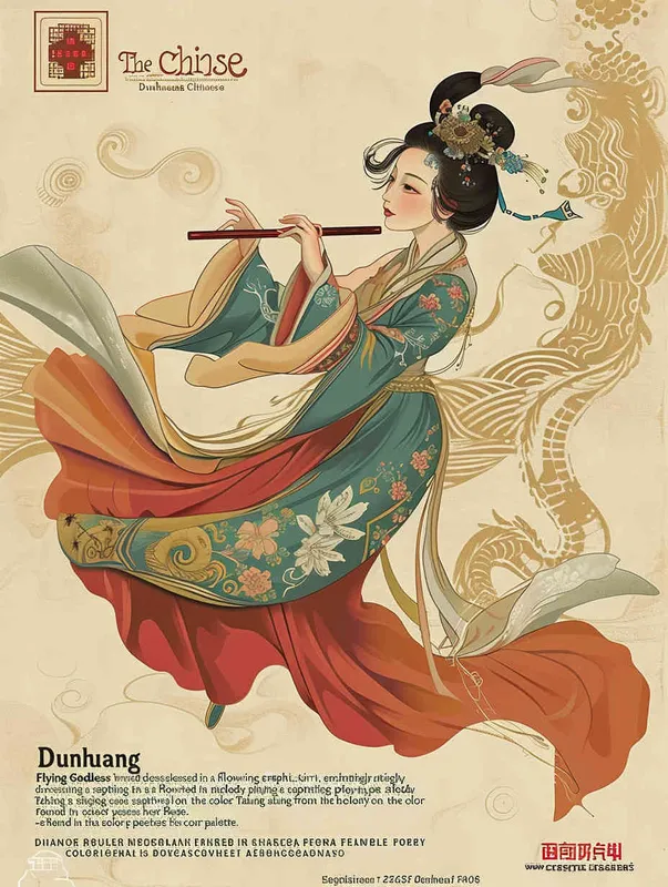 The traditional Chinese Dunhuang cultural theme is conveyed in graphic design through the portrayal of the Dunhuang Flying Goddess, elegantly adorned in a flowing skirt, playing a mesmerizing tune on her flute. Drawing inspiration from the color palette of Dunhuang murals, this flat poster design embraces the Xingye Kainan style. Featuring bold lines, a pristine background, intricate patterns, and meticulously crafted character illustrations, the design captures the essence of Dunhuang artistry. Employing techniques reminiscent of woodcut prints, the artwork showcases an array of vibrant hues, simplified yet captivating details, as well as the use of vector graphics and vector artistry – Ar 3:4.