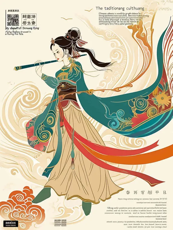 The traditional Chinese Dunhuang cultural theme is conveyed in graphic design through the portrayal of the Dunhuang Flying Goddess, elegantly adorned in a flowing skirt, playing a mesmerizing tune on her flute. Drawing inspiration from the color palette of Dunhuang murals, this flat poster design embraces the Xingye Kainan style. Featuring bold lines, a pristine background, intricate patterns, and meticulously crafted character illustrations, the design captures the essence of Dunhuang artistry. Employing techniques reminiscent of woodcut prints, the artwork showcases an array of vibrant hues, simplified yet captivating details, as well as the use of vector graphics and vector artistry – Ar 3:4.