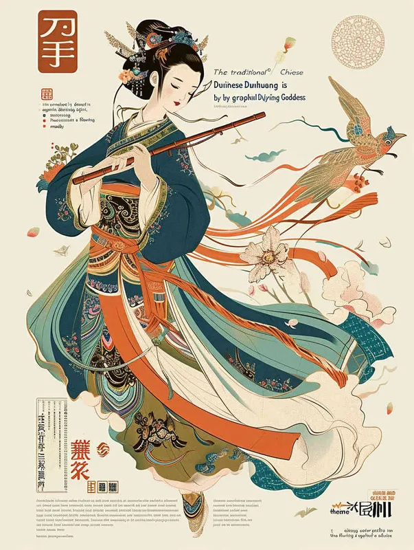 The traditional Chinese Dunhuang cultural theme is conveyed in graphic design through the portrayal of the Dunhuang Flying Goddess, elegantly adorned in a flowing skirt, playing a mesmerizing tune on her flute. Drawing inspiration from the color palette of Dunhuang murals, this flat poster design embraces the Xingye Kainan style. Featuring bold lines, a pristine background, intricate patterns, and meticulously crafted character illustrations, the design captures the essence of Dunhuang artistry. Employing techniques reminiscent of woodcut prints, the artwork showcases an array of vibrant hues, simplified yet captivating details, as well as the use of vector graphics and vector artistry – Ar 3:4.