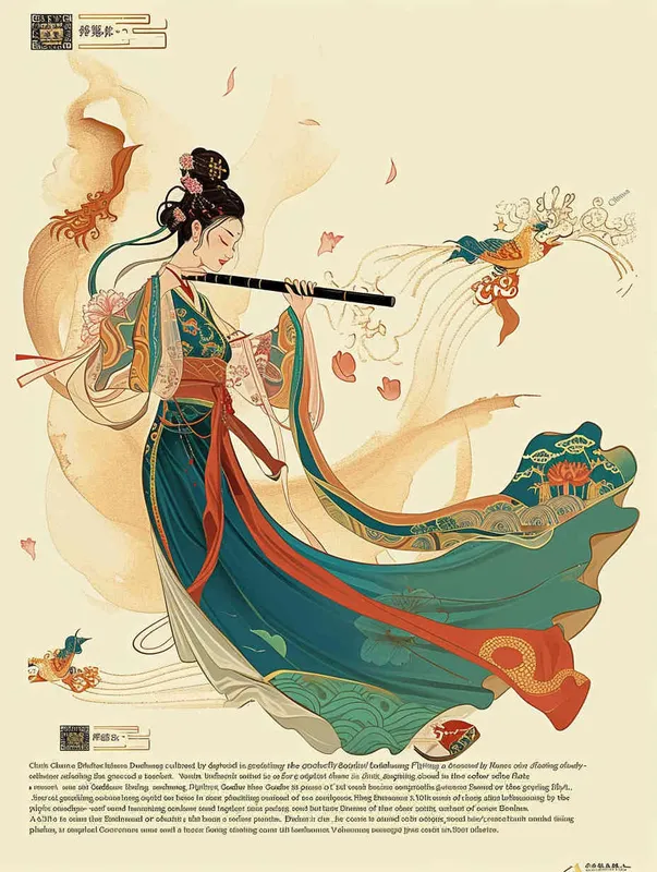 The traditional Chinese Dunhuang cultural theme is conveyed in graphic design through the portrayal of the Dunhuang Flying Goddess, elegantly adorned in a flowing skirt, playing a mesmerizing tune on her flute. Drawing inspiration from the color palette of Dunhuang murals, this flat poster design embraces the Xingye Kainan style. Featuring bold lines, a pristine background, intricate patterns, and meticulously crafted character illustrations, the design captures the essence of Dunhuang artistry. Employing techniques reminiscent of woodcut prints, the artwork showcases an array of vibrant hues, simplified yet captivating details, as well as the use of vector graphics and vector artistry – Ar 3:4.