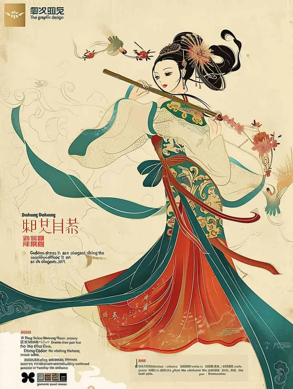 The traditional Chinese Dunhuang cultural theme in graphic design, taking Dunhuang Flying Goddess wearing a long skirt as an example, is playing the flute. The Dunhuang mural color palette color scheme is used, and the flat poster design adopts the Xingye Kainan style. The lines are bold, the background is clean, the patterns are rich, and the character illustrations are detailed. Woodcut prints have rich colors, flat colors, simple details, vector graphics, and vector art-- Ar 3:4  - style1部分