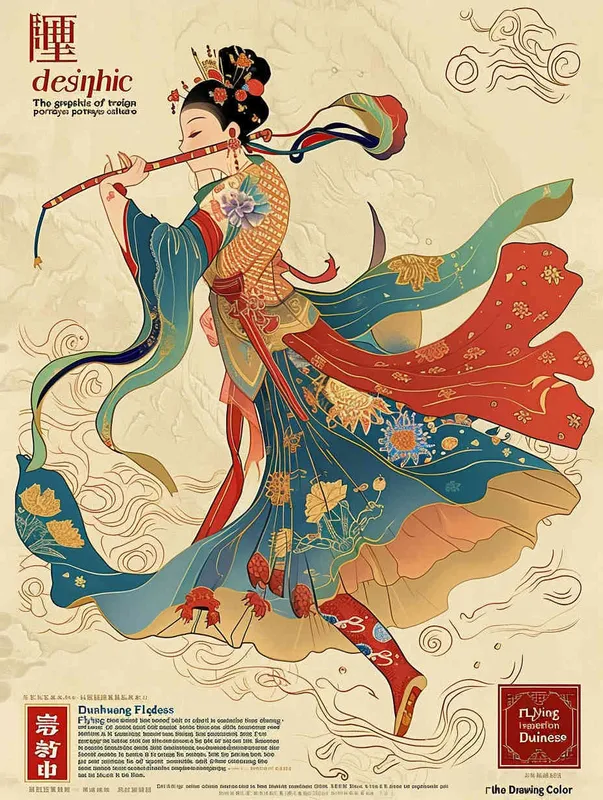 The traditional Chinese Dunhuang cultural theme in graphic design, taking Dunhuang Flying Goddess wearing a long skirt as an example, is playing the flute. The Dunhuang mural color palette color scheme is used, and the flat poster design adopts the Xingye Kainan style. The lines are bold, the background is clean, the patterns are rich, and the character illustrations are detailed. Woodcut prints have rich colors, flat colors, simple details, vector graphics, and vector art-- Ar 3:4  - style2部分