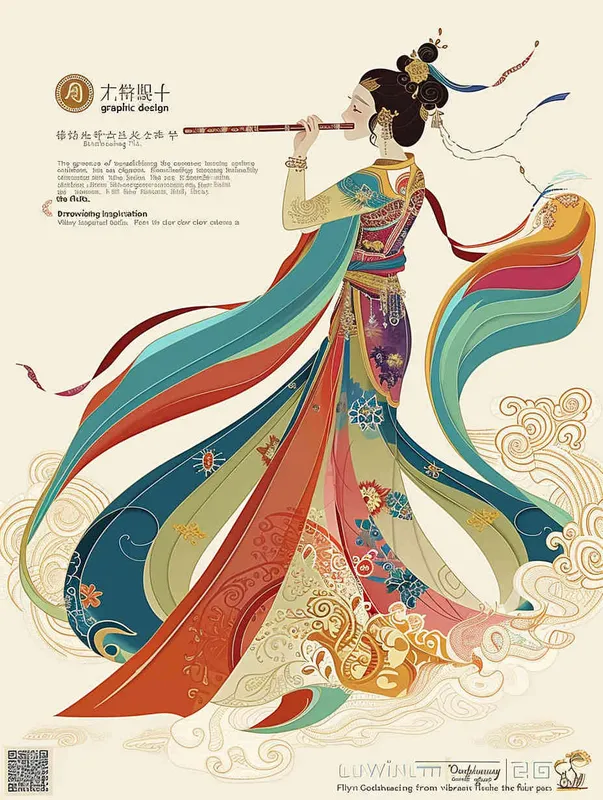 The traditional Chinese Dunhuang cultural theme in graphic design, taking Dunhuang Flying Goddess wearing a long skirt as an example, is playing the flute. The Dunhuang mural color palette color scheme is used, and the flat poster design adopts the Xingye Kainan style. The lines are bold, the background is clean, the patterns are rich, and the character illustrations are detailed. Woodcut prints have rich colors, flat colors, simple details, vector graphics, and vector art-- Ar 3:4  - style3部分