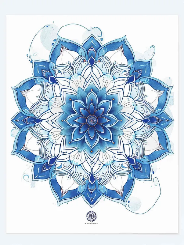 in the style of a coloring book, with thick lines and low detail, using vivid colors on a white background, featuring a blue and white porcelain pattern mandala flower design, in a cartoonish flat simple vector line art style, showing an isolated outline drawing of a big ornament with rounded edges in the shape of a snowflake, with no shading and clear bold outlines and no shadow.Dunhuang cultural theme and Dunhuang Murals color palette.  - style1部分