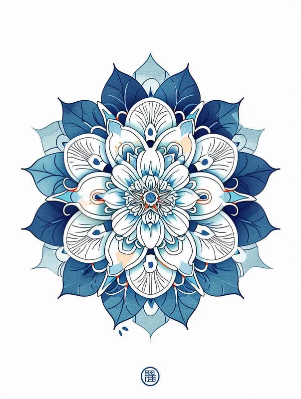 in the style of a coloring book, with thick lines and low detail, using vivid colors on a white background, featuring a blue and white porcelain pattern mandala flower design, in a cartoonish flat simple vector line art style, showing an isolated outline drawing of a big ornament with rounded edges in the shape of a snowflake, with no shading and clear bold outlines and no shadow.Dunhuang cultural theme and Dunhuang Murals color palette.  - style2部分