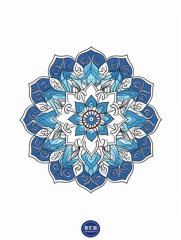 in the style of a coloring book, with thick lines and low detail, using vivid colors on a white background, featuring a blue and white porcelain pattern mandala flower design, in a cartoonish flat simple vector line art style, showing an isolated outline drawing of a big ornament with rounded edges in the shape of a snowflake, with no shading and clear bold outlines and no shadow.Dunhuang cultural theme and Dunhuang Murals color palette.  - style3部分