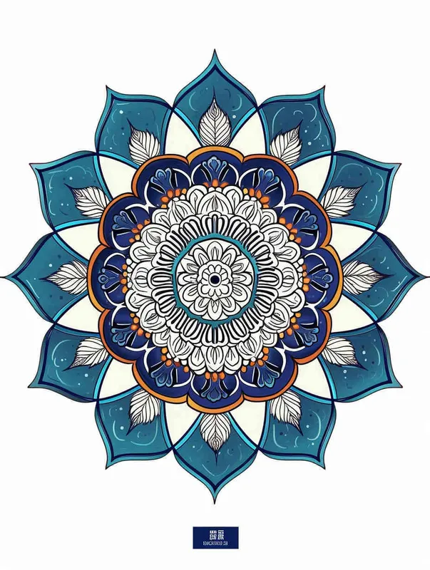 in the style of a coloring book, with thick lines and low detail, using vivid colors on a white background, featuring a blue and white porcelain pattern mandala flower design, in a cartoonish flat simple vector line art style, showing an isolated outline drawing of a big ornament with rounded edges in the shape of a snowflake, with no shading and clear bold outlines and no shadow.Dunhuang cultural theme and Dunhuang Murals color palette.  - style4部分