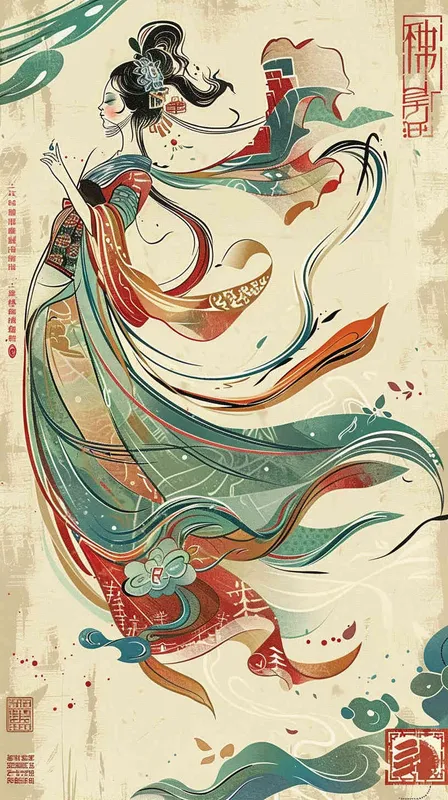 A Chinese traditional Dunhuang cultural theme portrayed in a flat design featuring an enchanting illustration of a Dunhuang Flying Goddess gracefully clad in a flowing skirt. The artwork encompasses the vibrant color palette inspired by the Dunhuang Murals, presenting a graphic poster design reminiscent of the renowned Kainan Hoshino. Striking bold lines are set against a pristine background, adorned with intricate character illustrations, lively woodcut prints, and eye-catching patterns. This art piece showcases the use of flat colors, minimalistic details, and captivating vector graphics, all in a 3:4 aspect ratio.