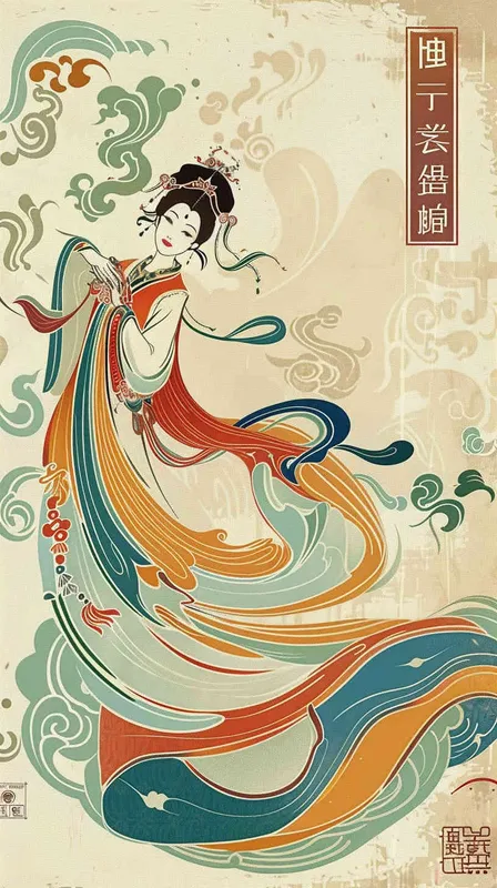 A Chinese traditional Dunhuang cultural theme portrayed in a flat design featuring an enchanting illustration of a Dunhuang Flying Goddess gracefully clad in a flowing skirt. The artwork encompasses the vibrant color palette inspired by the Dunhuang Murals, presenting a graphic poster design reminiscent of the renowned Kainan Hoshino. Striking bold lines are set against a pristine background, adorned with intricate character illustrations, lively woodcut prints, and eye-catching patterns. This art piece showcases the use of flat colors, minimalistic details, and captivating vector graphics, all in a 3:4 aspect ratio.
