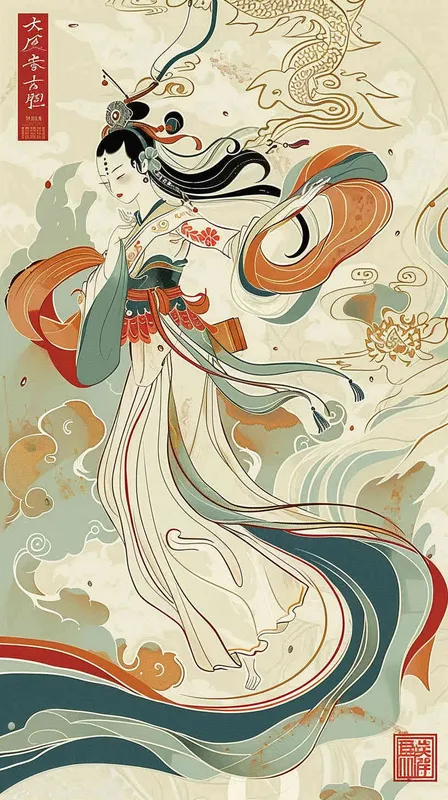 A Chinese traditional Dunhuang cultural theme portrayed in a flat design featuring an enchanting illustration of a Dunhuang Flying Goddess gracefully clad in a flowing skirt. The artwork encompasses the vibrant color palette inspired by the Dunhuang Murals, presenting a graphic poster design reminiscent of the renowned Kainan Hoshino. Striking bold lines are set against a pristine background, adorned with intricate character illustrations, lively woodcut prints, and eye-catching patterns. This art piece showcases the use of flat colors, minimalistic details, and captivating vector graphics, all in a 3:4 aspect ratio.