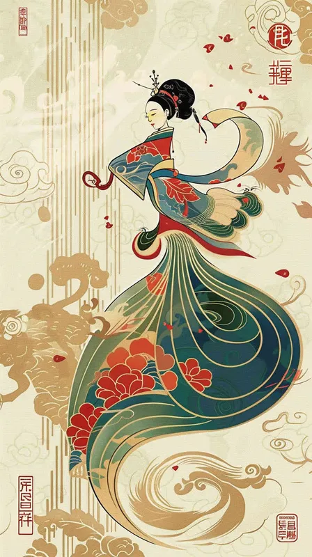 A Chinese traditional Dunhuang cultural theme portrayed in a flat design featuring an enchanting illustration of a Dunhuang Flying Goddess gracefully clad in a flowing skirt. The artwork encompasses the vibrant color palette inspired by the Dunhuang Murals, presenting a graphic poster design reminiscent of the renowned Kainan Hoshino. Striking bold lines are set against a pristine background, adorned with intricate character illustrations, lively woodcut prints, and eye-catching patterns. This art piece showcases the use of flat colors, minimalistic details, and captivating vector graphics, all in a 3:4 aspect ratio.