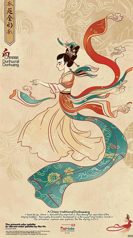 A Chinese traditional Dunhuang cultural theme portrayed in a flat design featuring an enchanting illustration of a Dunhuang Flying Goddess gracefully clad in a flowing skirt. The artwork encompasses the vibrant color palette inspired by the Dunhuang Murals, presenting a graphic poster design reminiscent of the renowned Kainan Hoshino. Striking bold lines are set against a pristine background, adorned with intricate character illustrations, lively woodcut prints, and eye-catching patterns. This art piece showcases the use of flat colors, minimalistic details, and captivating vector graphics, all in a 3:4 aspect ratio.