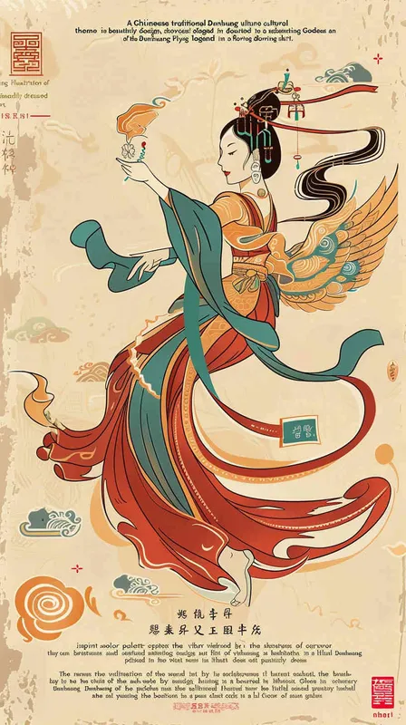 A Chinese traditional Dunhuang cultural theme portrayed in a flat design featuring an enchanting illustration of a Dunhuang Flying Goddess gracefully clad in a flowing skirt. The artwork encompasses the vibrant color palette inspired by the Dunhuang Murals, presenting a graphic poster design reminiscent of the renowned Kainan Hoshino. Striking bold lines are set against a pristine background, adorned with intricate character illustrations, lively woodcut prints, and eye-catching patterns. This art piece showcases the use of flat colors, minimalistic details, and captivating vector graphics, all in a 3:4 aspect ratio.