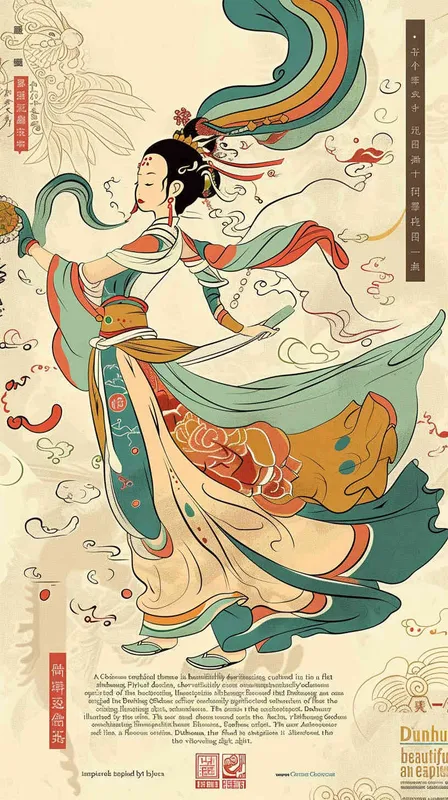 A Chinese traditional Dunhuang cultural theme portrayed in a flat design featuring an enchanting illustration of a Dunhuang Flying Goddess gracefully clad in a flowing skirt. The artwork encompasses the vibrant color palette inspired by the Dunhuang Murals, presenting a graphic poster design reminiscent of the renowned Kainan Hoshino. Striking bold lines are set against a pristine background, adorned with intricate character illustrations, lively woodcut prints, and eye-catching patterns. This art piece showcases the use of flat colors, minimalistic details, and captivating vector graphics, all in a 3:4 aspect ratio.