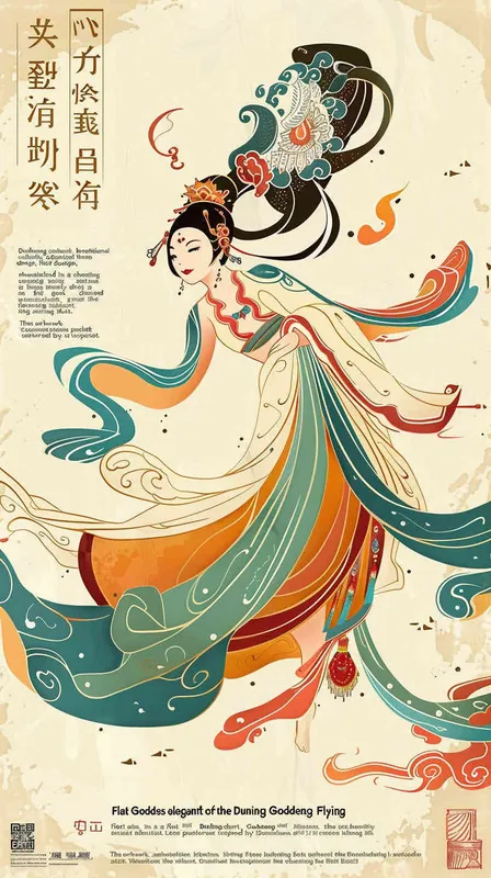 A Chinese traditional Dunhuang cultural theme portrayed in a flat design featuring an enchanting illustration of a Dunhuang Flying Goddess gracefully clad in a flowing skirt. The artwork encompasses the vibrant color palette inspired by the Dunhuang Murals, presenting a graphic poster design reminiscent of the renowned Kainan Hoshino. Striking bold lines are set against a pristine background, adorned with intricate character illustrations, lively woodcut prints, and eye-catching patterns. This art piece showcases the use of flat colors, minimalistic details, and captivating vector graphics, all in a 3:4 aspect ratio.