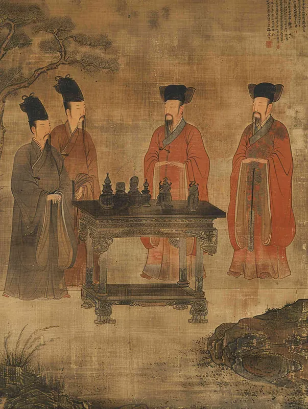 Chinese style, Song Dynasty clothing, with a man wearing official attire on the left and three men wearing official attire on the right. In the lower part of the frame, there is a stone table with several equally sized lamps placed on it, in a simple color scheme with a light background

 - style1部分
