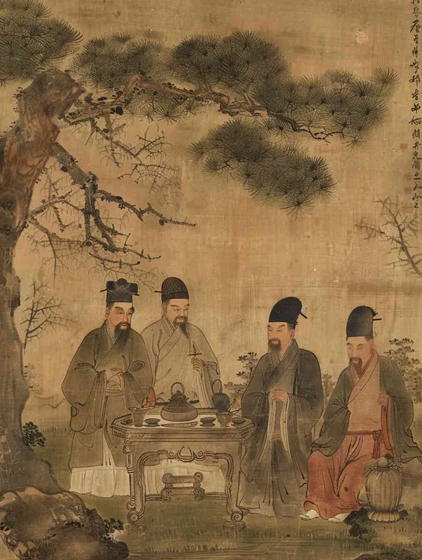 Chinese style, Song Dynasty clothing, with a man wearing official attire on the left and three men wearing official attire on the right. In the lower part of the frame, there is a stone table with several equally sized lamps placed on it, in a simple color scheme with a light background

 - style2部分