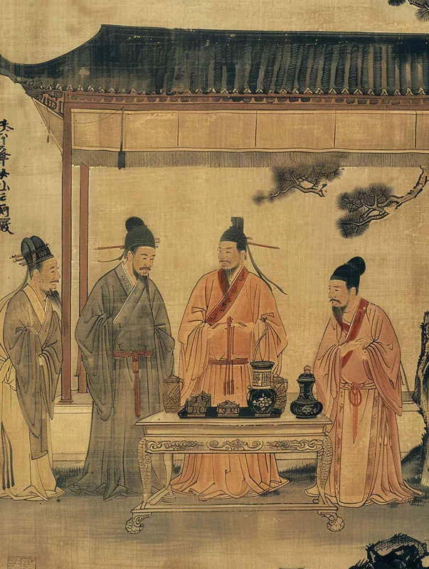 Chinese style, Song Dynasty clothing, with a man wearing official attire on the left and three men wearing official attire on the right. In the lower part of the frame, there is a stone table with several equally sized lamps placed on it, in a simple color scheme with a light background

 - style3部分