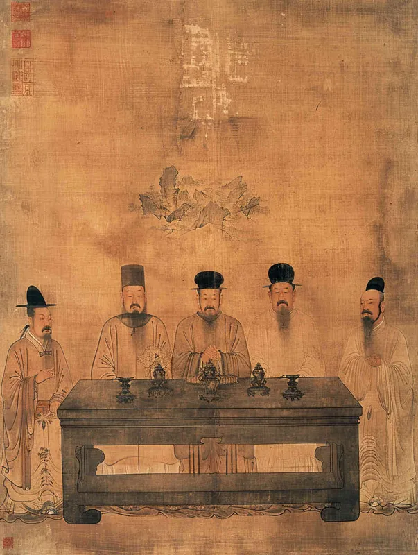 Chinese style, Song Dynasty clothing, with a man wearing official attire on the left and three men wearing official attire on the right. In the lower part of the frame, there is a stone table with several equally sized lamps placed on it, in a simple color scheme with a light background

 - style4部分
