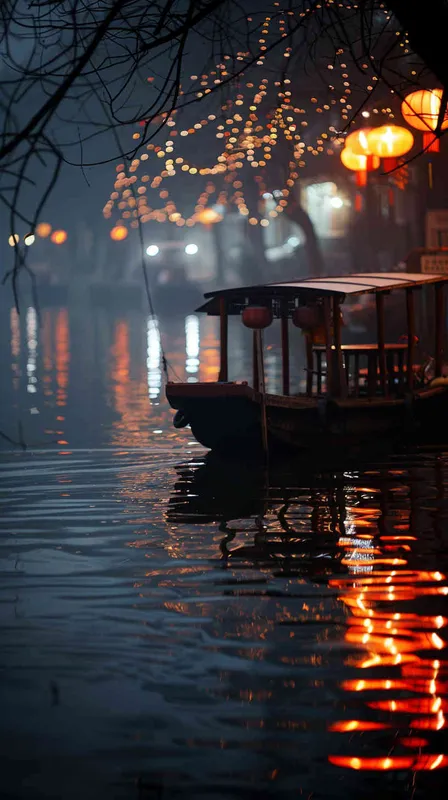 夜泊秦淮河畔
画面展现夜幕初降，作者的船只静静地停泊在秦淮河畔。远处灯火初上，映照在波光粼粼的河面上，江水轻轻摇曳，带来一丝凉爽的夜风。这个镜头描绘了一个静谧而寂静的夜晚，为整首诗的开头设定了基调 - style1部分