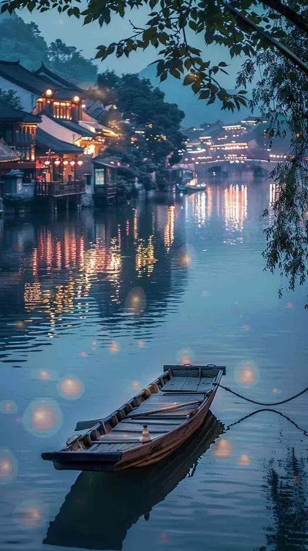 夜泊秦淮河畔
画面展现夜幕初降，作者的船只静静地停泊在秦淮河畔。远处灯火初上，映照在波光粼粼的河面上，江水轻轻摇曳，带来一丝凉爽的夜风。这个镜头描绘了一个静谧而寂静的夜晚，为整首诗的开头设定了基调 - style2部分