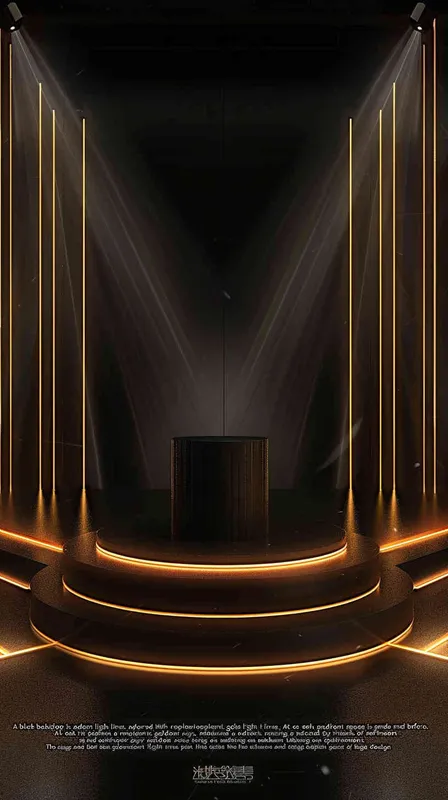 1️⃣ Black background with golden light lines on the circular podium in front. There is space for text at both ends, and golden rays form circles around them, creating an atmosphere of luxury and elegance. The stage design features a black background with golden lights, creating visual impact. There should be no characters or objects on top to emphasize its sense as an award ceremony. This scene has high resolution, high definition, and rich details. It's suitable for showcasing products or showing experience shows in the style of luxury and elegance. --ar 3:4, photo realistic - style1部分