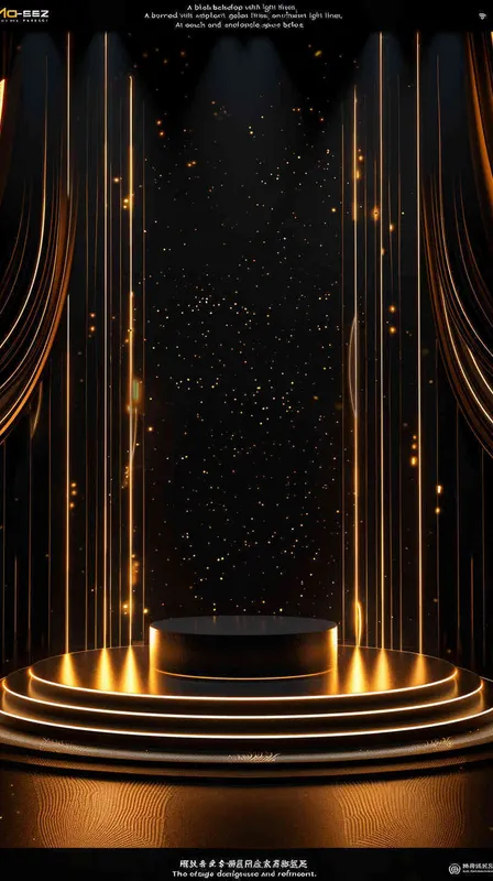 1️⃣ Black background with golden light lines on the circular podium in front. There is space for text at both ends, and golden rays form circles around them, creating an atmosphere of luxury and elegance. The stage design features a black background with golden lights, creating visual impact. There should be no characters or objects on top to emphasize its sense as an award ceremony. This scene has high resolution, high definition, and rich details. It's suitable for showcasing products or showing experience shows in the style of luxury and elegance. --ar 3:4, photo realistic - style2部分