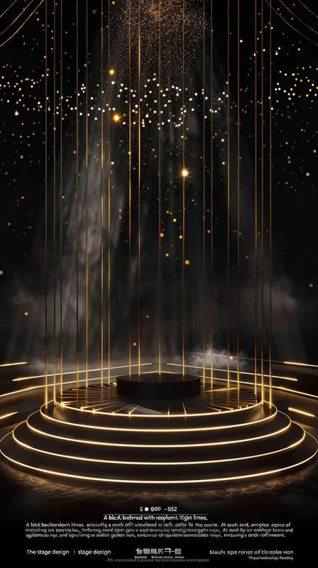1️⃣ Black background with golden light lines on the circular podium in front. There is space for text at both ends, and golden rays form circles around them, creating an atmosphere of luxury and elegance. The stage design features a black background with golden lights, creating visual impact. There should be no characters or objects on top to emphasize its sense as an award ceremony. This scene has high resolution, high definition, and rich details. It's suitable for showcasing products or showing experience shows in the style of luxury and elegance. --ar 3:4, photo realistic - style3部分