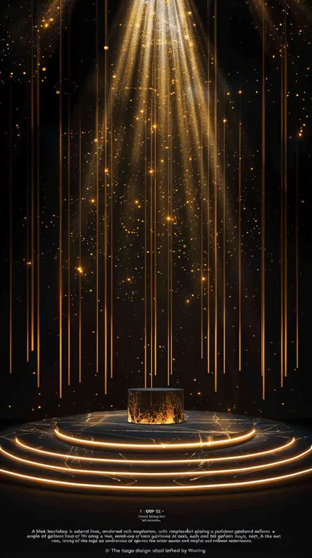 1️⃣ Black background with golden light lines on the circular podium in front. There is space for text at both ends, and golden rays form circles around them, creating an atmosphere of luxury and elegance. The stage design features a black background with golden lights, creating visual impact. There should be no characters or objects on top to emphasize its sense as an award ceremony. This scene has high resolution, high definition, and rich details. It's suitable for showcasing products or showing experience shows in the style of luxury and elegance. --ar 3:4, photo realistic - style4部分