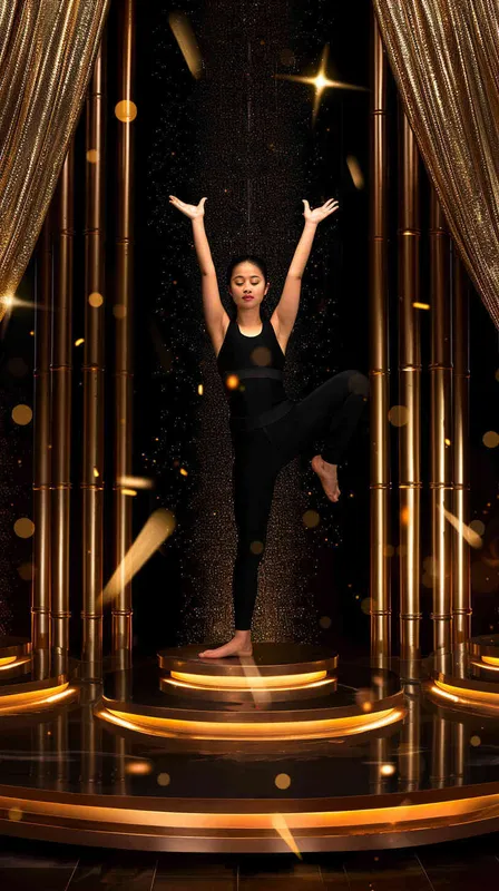 Black background, golden lights, a gorgeous stage with gold curtains on both sides of the picture, an Asian woman in black yoga pants doing a high posture and holding up her hands to press down, standing on top of three podiums under the stairs, with many diamonds shining behind her. The overall atmosphere is very luxurious and elegant. A high-end feeling, panoramic view, front shot, warm colors, studio lighting, soft light, professional photography, with super detailed details. --ar 85:128
 - style4部分