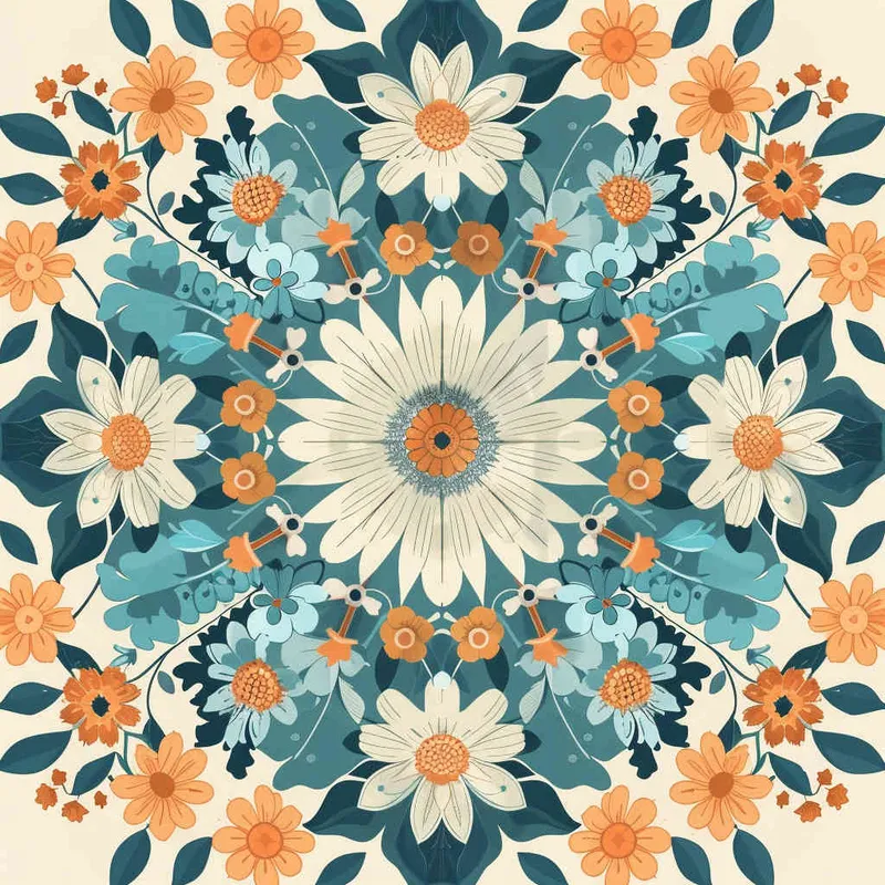 An intricate and symmetrical mandala pattern with retro groovy flowers in pastel orange, teal blue, and beige background. The highly detailed design showcases the beauty of floral motifs arranged around an empty center space for text or imagery. This vector illustration combines elements from both traditional Mexican art styles and modern graphic designs, creating a visually appealing composition that captures elegance and nostalgia in the style of focus on face. --ar 128:107 - style1部分
