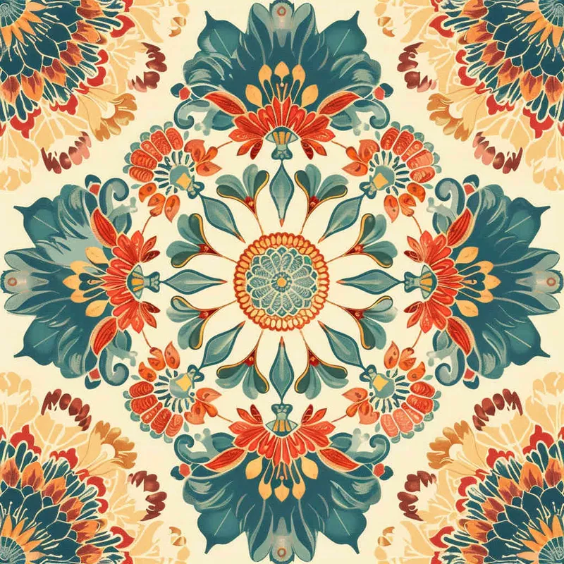 An intricate and symmetrical mandala pattern with retro groovy flowers in pastel orange, teal blue, and beige background. The highly detailed design showcases the beauty of floral motifs arranged around an empty center space for text or imagery. This vector illustration combines elements from both traditional Mexican art styles and modern graphic designs, creating a visually appealing composition that captures elegance and nostalgia in the style of focus on face. --ar 128:107 - style2部分