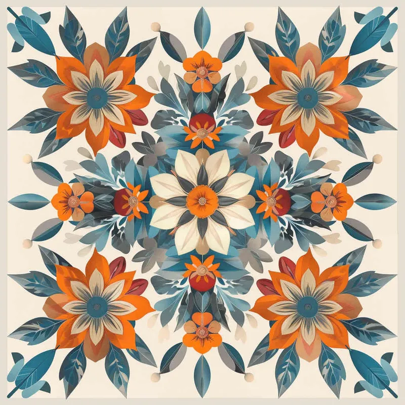 An intricate and symmetrical mandala pattern with retro groovy flowers in pastel orange, teal blue, and beige background. The highly detailed design showcases the beauty of floral motifs arranged around an empty center space for text or imagery. This vector illustration combines elements from both traditional Mexican art styles and modern graphic designs, creating a visually appealing composition that captures elegance and nostalgia in the style of focus on face. --ar 128:107 - style3部分