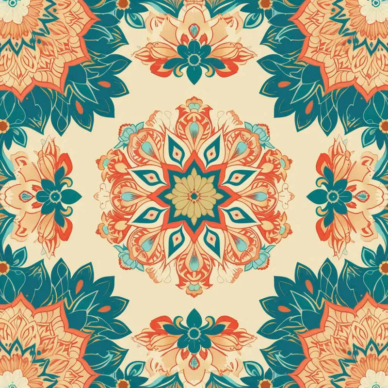 An intricate and symmetrical mandala pattern with retro groovy flowers in pastel orange, teal blue, and beige background. The highly detailed design showcases the beauty of floral motifs arranged around an empty center space for text or imagery. This vector illustration combines elements from both traditional Mexican art styles and modern graphic designs, creating a visually appealing composition that captures elegance and nostalgia in the style of focus on face. --ar 128:107 - style4部分