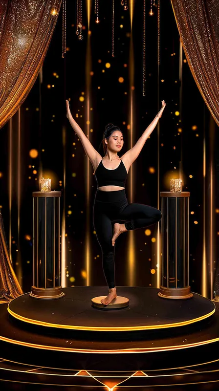 Black background, golden lights, a gorgeous stage with gold curtains on both sides of the picture, an Asian woman in black yoga pants doing a high posture and holding up her hands to press down, standing on top of three podiums under the stairs, with many diamonds shining behind her. The overall atmosphere is very luxurious and elegant. A high-end feeling, panoramic view, front shot, warm colors, studio lighting, soft light, professional photography, with super detailed details. --ar 85:128 - style1部分