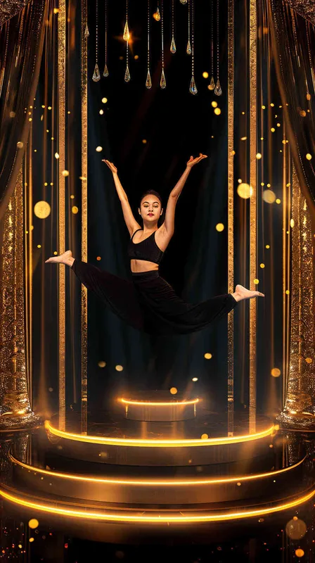 Black background, golden lights, a gorgeous stage with gold curtains on both sides of the picture, an Asian woman in black yoga pants doing a high posture and holding up her hands to press down, standing on top of three podiums under the stairs, with many diamonds shining behind her. The overall atmosphere is very luxurious and elegant. A high-end feeling, panoramic view, front shot, warm colors, studio lighting, soft light, professional photography, with super detailed details. --ar 85:128 - style3部分