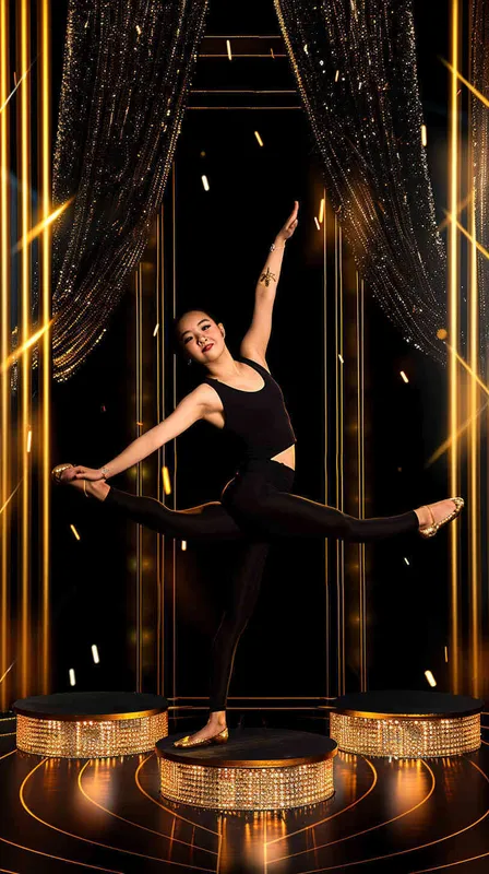Black background, golden lights, a gorgeous stage with gold curtains on both sides of the picture, an Asian woman in black yoga pants doing a high posture and holding up her hands to press down, standing on top of three podiums under the stairs, with many diamonds shining behind her. The overall atmosphere is very luxurious and elegant. A high-end feeling, panoramic view, front shot, warm colors, studio lighting, soft light, professional photography, with super detailed details. --ar 85:128 - style4部分