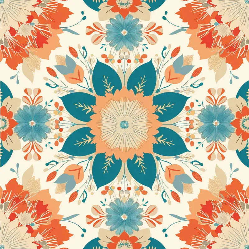 An intricate and symmetrical mandala pattern with retro groovy flowers in pastel orange, teal blue, and beige background. The highly detailed design showcases the beauty of floral motifs arranged around an empty center space for text or imagery. This vector illustration combines elements from both traditional Mexican art styles and modern graphic designs, creating a visually appealing composition that captures elegance and nostalgia in the style of focus on face. --ar 128:107  - style1部分