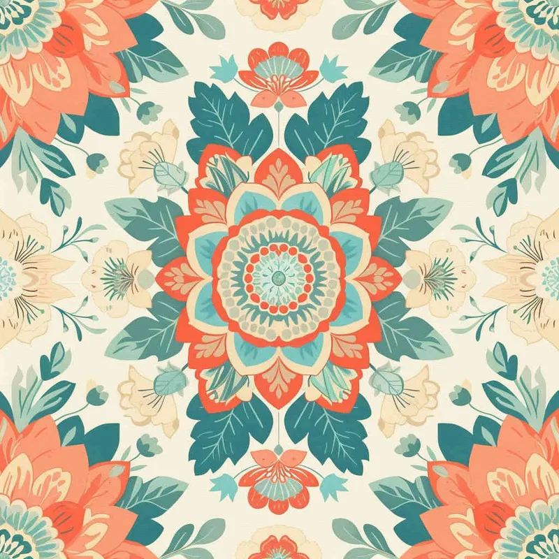An intricate and symmetrical mandala pattern with retro groovy flowers in pastel orange, teal blue, and beige background. The highly detailed design showcases the beauty of floral motifs arranged around an empty center space for text or imagery. This vector illustration combines elements from both traditional Mexican art styles and modern graphic designs, creating a visually appealing composition that captures elegance and nostalgia in the style of focus on face. --ar 128:107  - style2部分